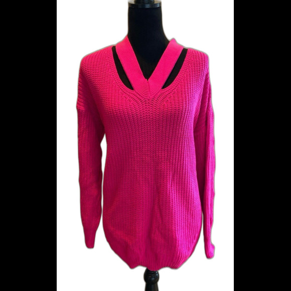 Magenta Pink Sweater Plus Size 0XL V Neck Loose Knit + Stretch Unique Neckline - Picture 1 of 10